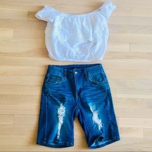 Distressed boyfriend style denim shorts